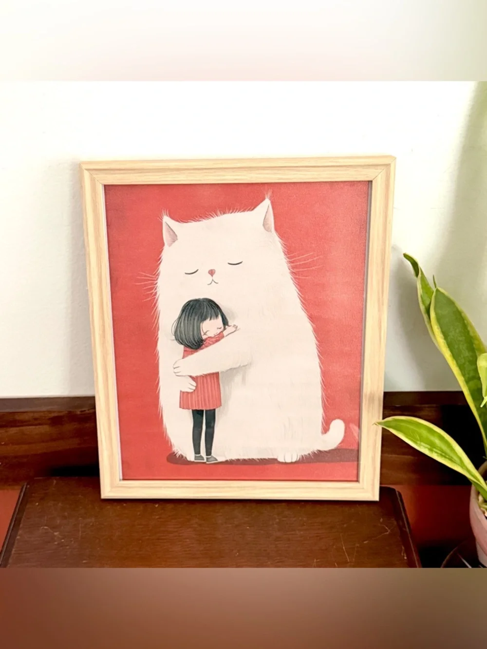 White Cat Hugging a Girl Red Background Canvas Art Print Framed Wall Hanging Art